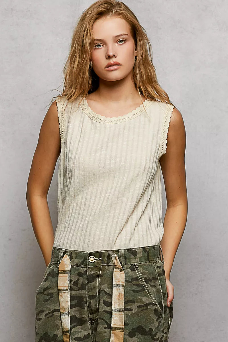 Beige ribbed sleeveless tank with lace scalloped round neckline