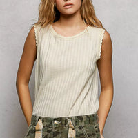Beige ribbed sleeveless tank with lace scalloped round neckline
