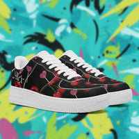 Custom Black & Red Low Top Sneakers | Edgy Cherry Lips & Lollipop Print