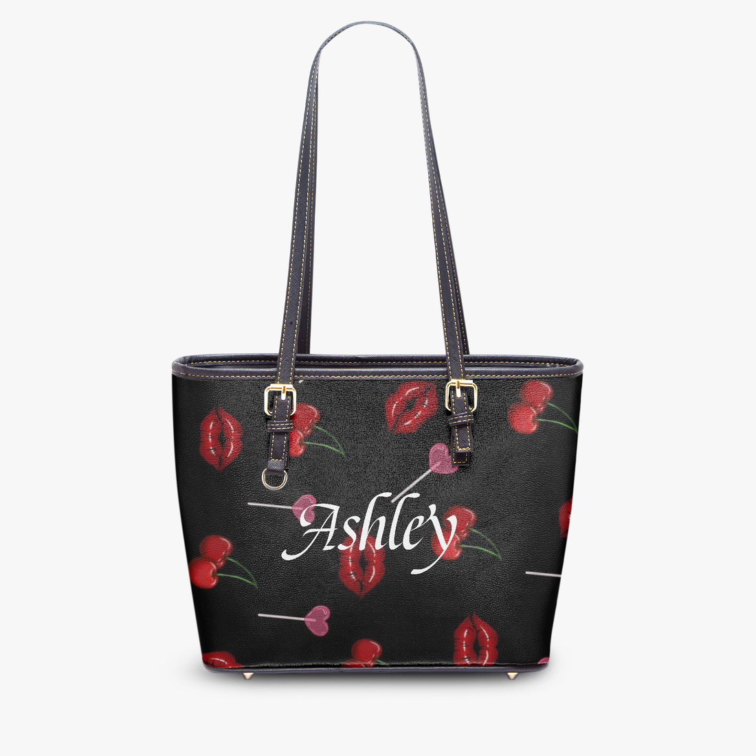 Vegan Leather Tote Bags | Personalized Black Cherry Lips Large Handbag