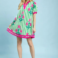 Green and pink striped floral contrast dress with pink trim, short sleeves