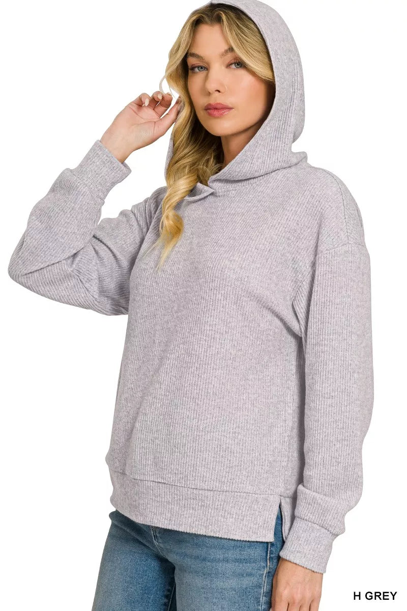Grey ribbed hacci hoodie pullover with hood and front pouch pocket, long sleeves