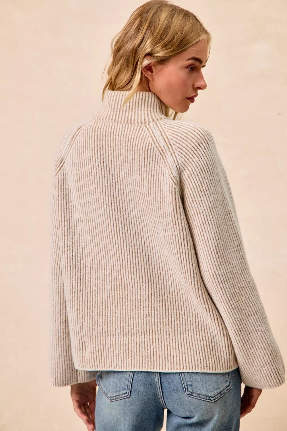 Taupe two-tone ribbed knit quarter-zip collared sweater top, back view