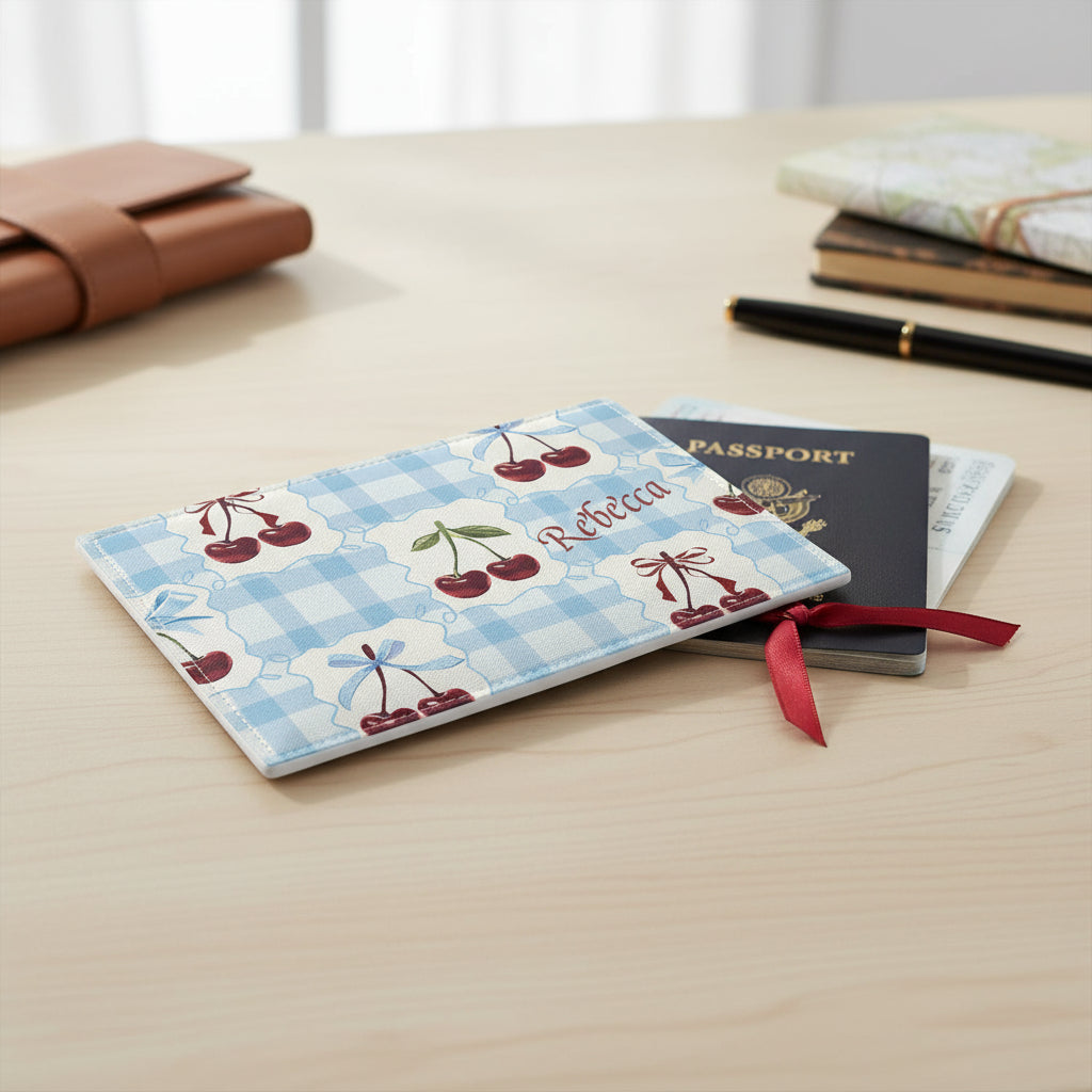 Passport Cover, Personalized Travel Wallet , Custom Blue Gingham Cherry Print, Fun Travel Holder Accessory