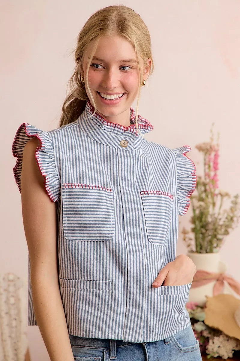 Blue and white striped ruffle-shoulder vest top with chest pockets and red trim