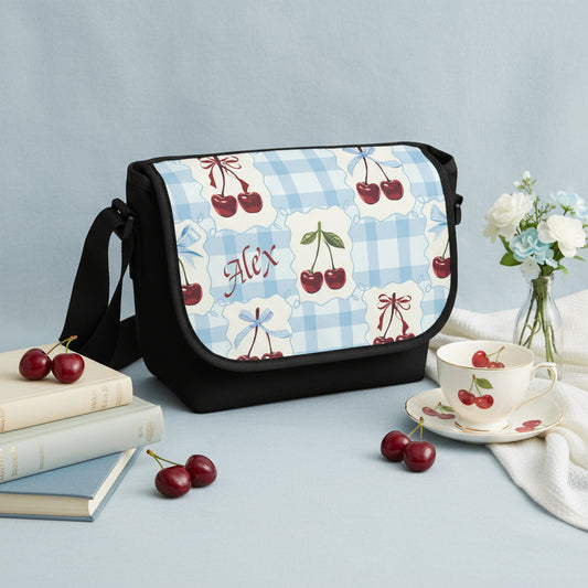 Canvas Messenger Bag, Personalized Blue Gingham Cherry Sling Crossbody Handbag, Gift for Her