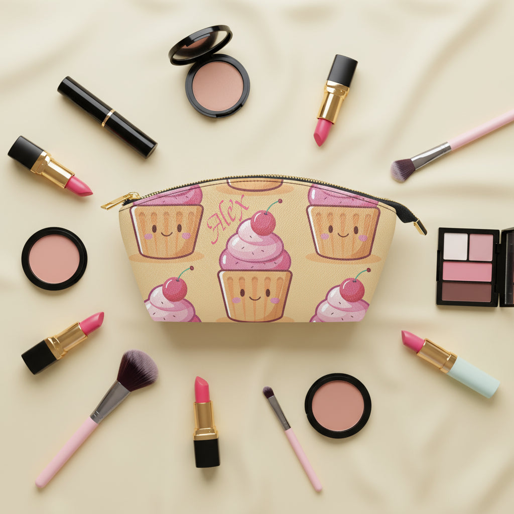 Vegan Leather Makeup Bag | Personalized Yellow Cupcake Print