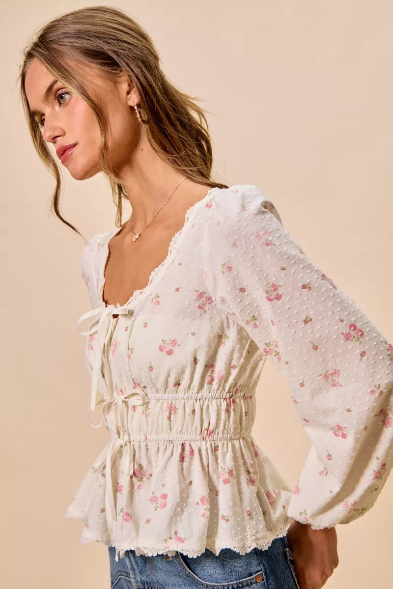 White floral clip-dot lace-trim ruched blouse with long puff sleeves and tied drawstring waist