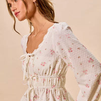 White floral clip-dot lace-trim ruched blouse with long puff sleeves and tied drawstring waist