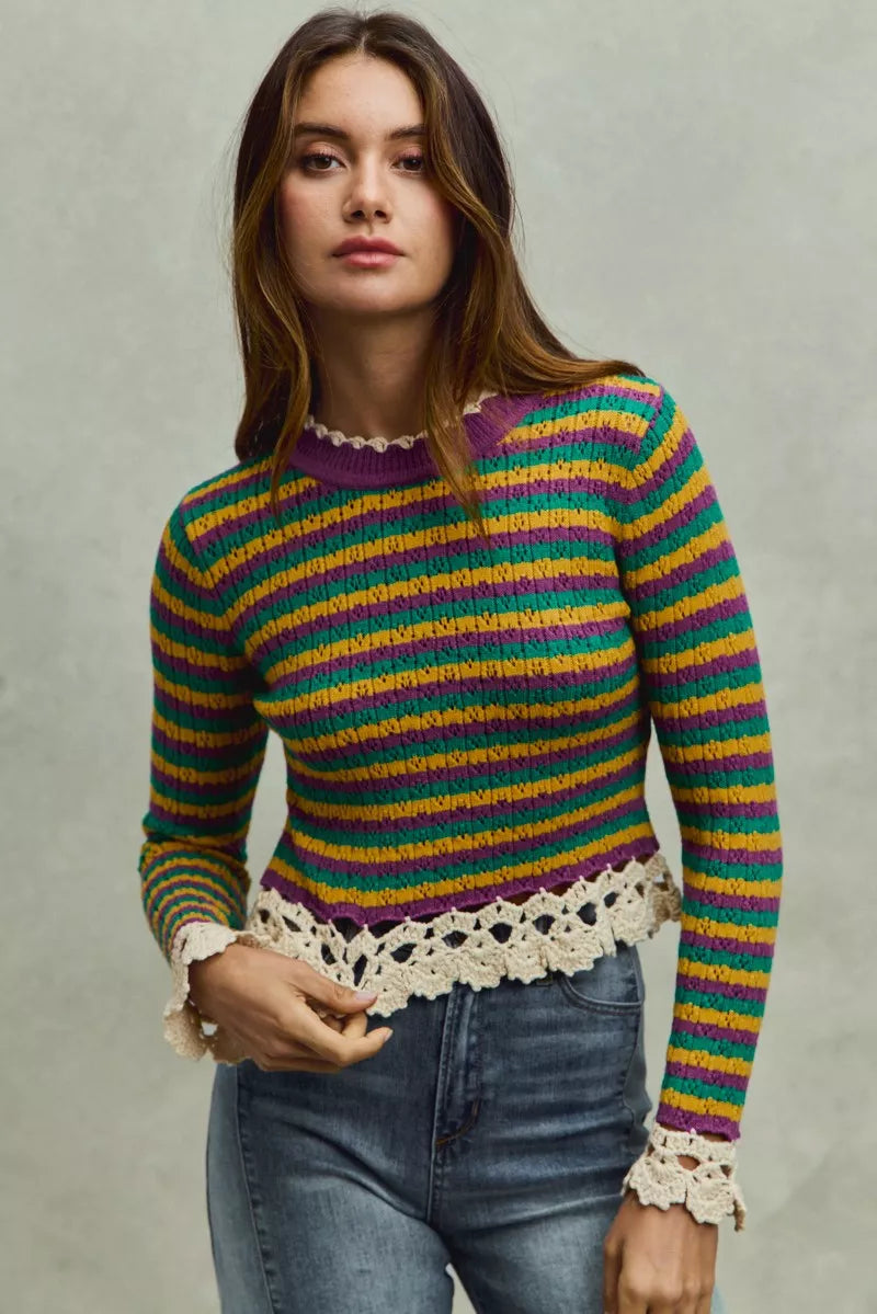 Multicolor striped cropped knit top with crochet-trim neckline and hem, long sleeves