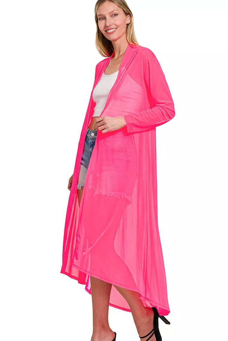 Fuchsia mesh open-front cardigan with long sleeves and draped hem