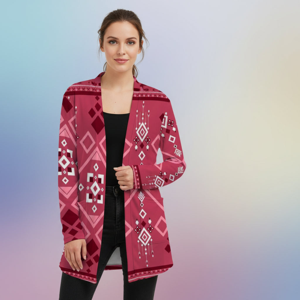 Aztec Print Cardigan | Cherry Red Tribal Patterned Sweater