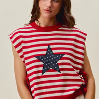 Red and ivory striped sleeveless vest top with navy star patch and side ties