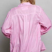 Candy pink western button-front shirt, back view with yoke and curved hem