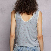 Powder blue ruched floral tank with lace-trimmed V-back and sleeveless design
