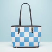 Checkered Tote Bag | Large Blue and White Twill Faux Leather Purse