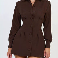 Brown blazer mini dress with notched lapel collar, long sleeves, and buttoned bodice.