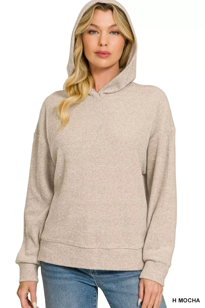 Brushed ribbed hacci hoodie pullover in heather mocha with front kangaroo pocket