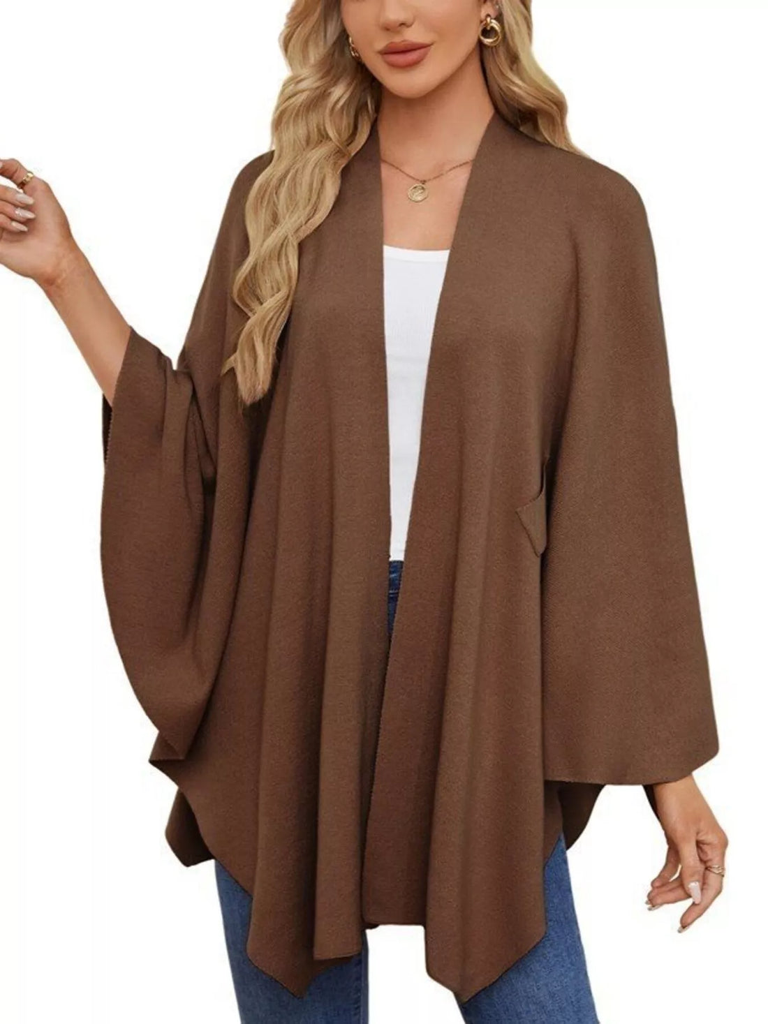 Women’s drape shawl cape in dark brown with draped front and wide sleeves