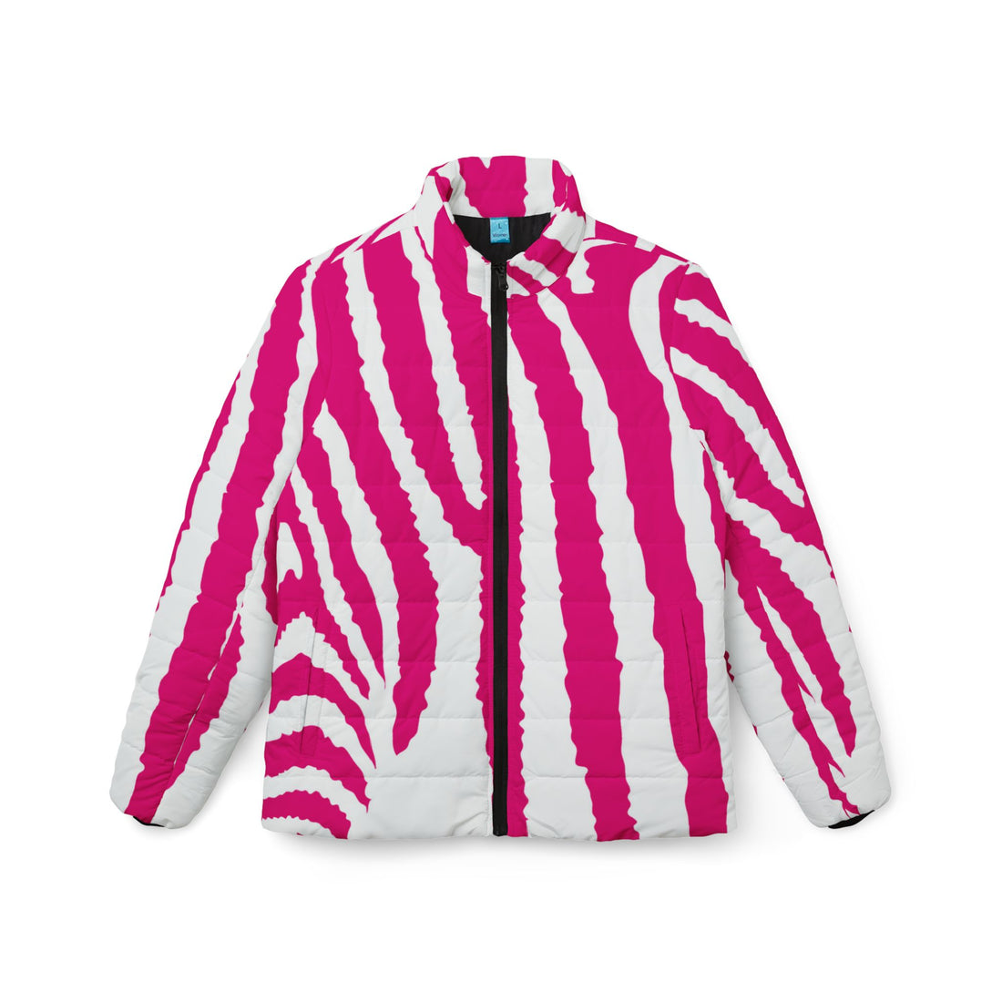Puffer Coat White | Stylized White and Pink Zebra Print Jacket