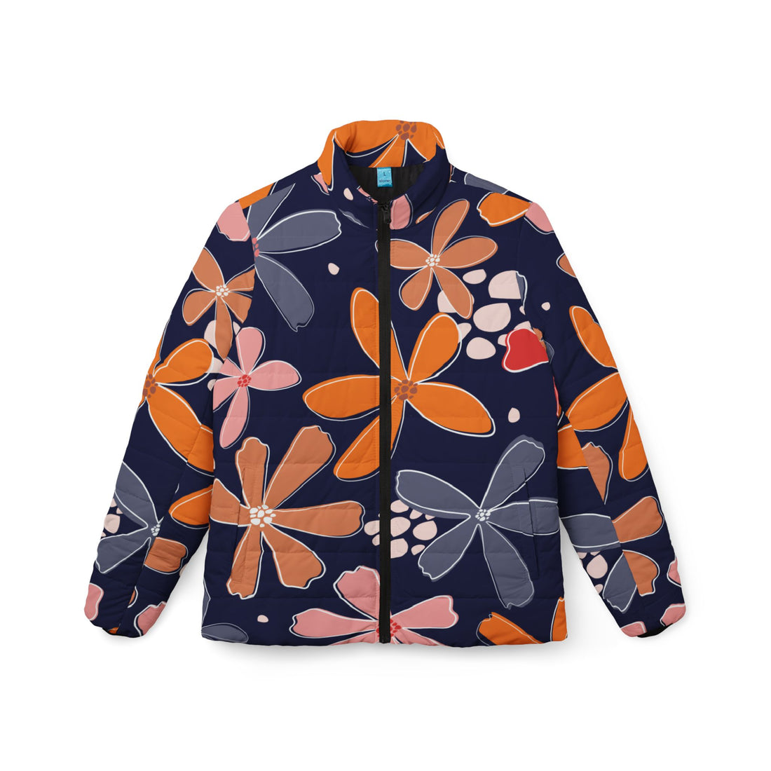 Floral Puffer Coat | Navy and Orange Floral Print Padded Coat