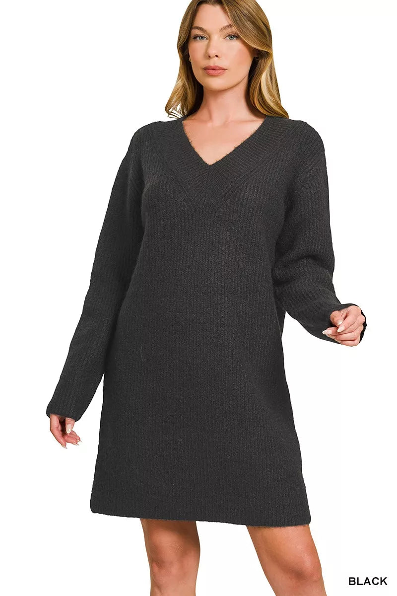 Black V-neck long-sleeve ribbed sweater dress with relaxed fit and straight hem