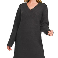 Black V-neck long-sleeve ribbed sweater dress with relaxed fit and straight hem