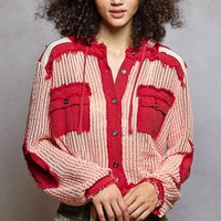 Hooded woven button-down shirt in blush red stripe, chest pockets, drawstring hem