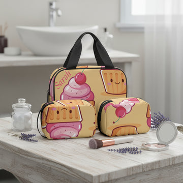 Make up Bag, Personalized Set, 3-Piece Cherry Cupcake Makeup Organizer, Travel Gift for Her