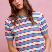 Striped knit crew neck short-sleeve sweater top, blue base with red and white lines