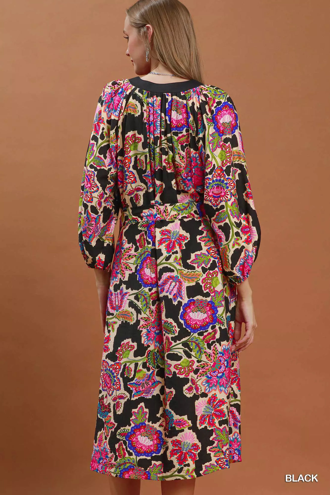Black abstract print belted midi dress with back yoke and gathered long sleeves