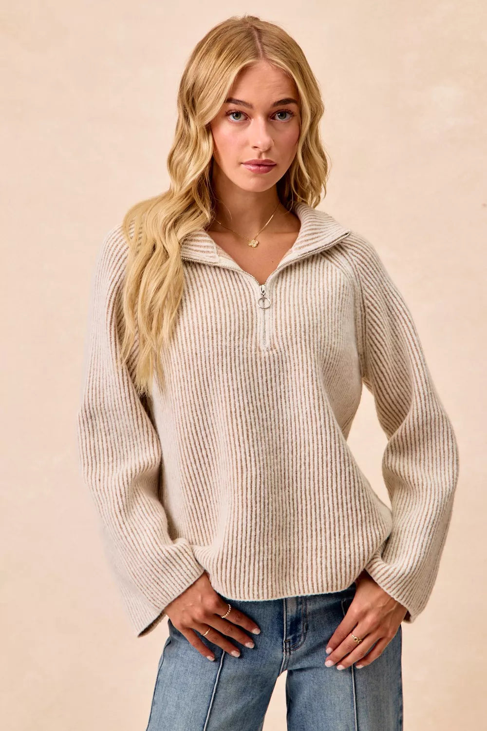 Two-tone rib knit zip-collar top, taupe and cream, long sleeves