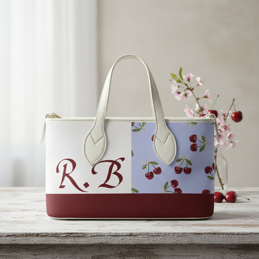 Mini Tote Bag, Leather Small Personalized Shoulder PU Leather Handbag in a Block Cherry Print