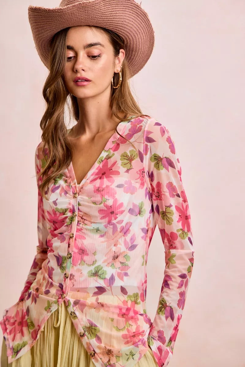 Pink multi floral mesh cardigan top with V-neck, button front, and tie waist