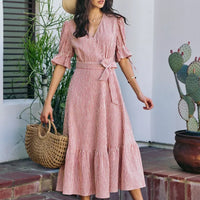 Red striped wrap midi dress with puff sleeves and waist tie; midi tiered hem