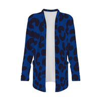 Blue Leopard Print Open-Front Cardigan with Pockets