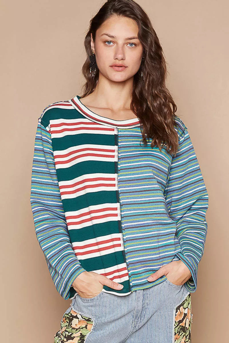 Color block striped long-sleeve t-shirt, round neck, green/red/white and blue stripes