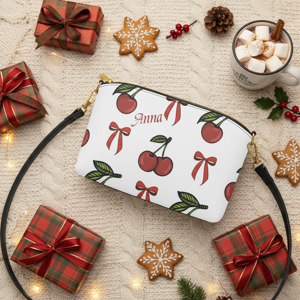 Small Canvas Crossbody Purse | Personalized White Cherry & Red Bow Bag