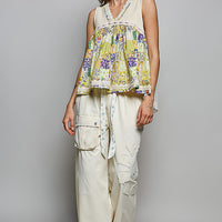 Sheer V-neck lace-trim tank with colorful floral pattern and longer length