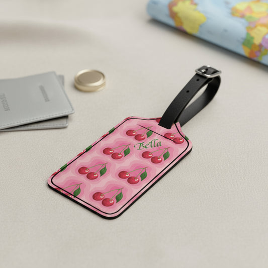 Custom Luggage Tag, PU Leather Travel Accessories, Personalized Vacation Gift with Pink Cherry