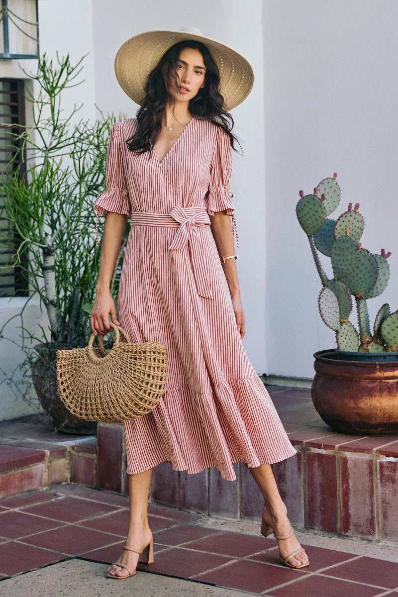 Red and white striped lined wrap midi dress with puff sleeves and tied waist