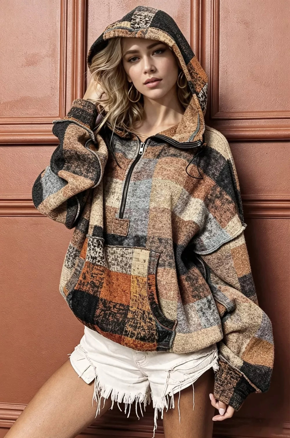 Patchwork plaid fleece half-zip hoodie with hood, kangaroo pocket, long sleeves