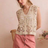Natural crochet sleeveless vest top with V-neck and button front, patchwork floral circles