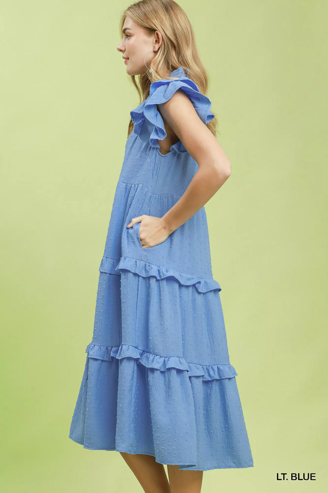 Light blue sleeveless tiered midi dress with ruffle cap sleeves