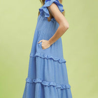 Light blue sleeveless tiered midi dress with ruffle cap sleeves