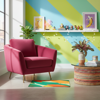 Abstract geometric area rug with orange and green shapes and angular stripes