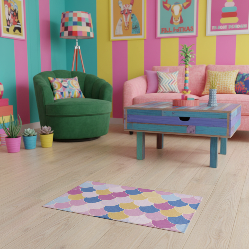 Rectangular geometric rug with scallop arcs in pink, blue, yellow, and cream.