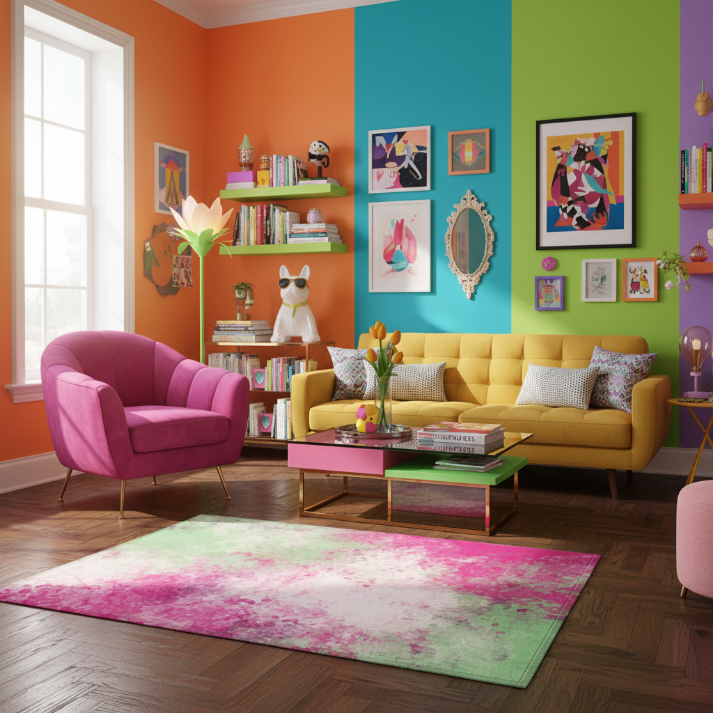 Abstract rectangular area rug with pink and green watercolor blotches.