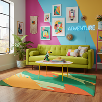 Abstract geometric rug in orange, green, and teal with bold leaf-like patterns