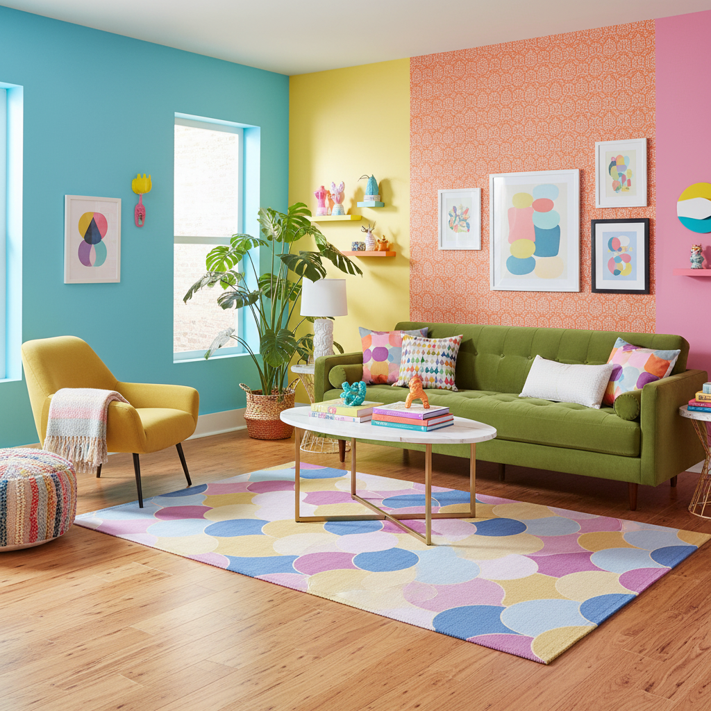 Rectangular rug with multicolor scallop arc pattern in purple, blue, yellow, and cream.